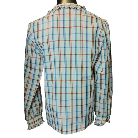 KORET Womens 12 Red Blue Checkered Ruffle Front Button Up Shirt Ruffle Sleeves - Picture 2 of 4